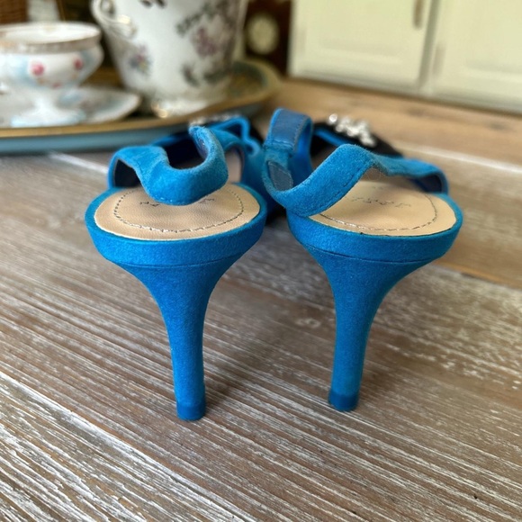 Size 8 Zara blue faux-suede kitten pointed toe heels black ribbon & rhinestone - Picture 3 of 8